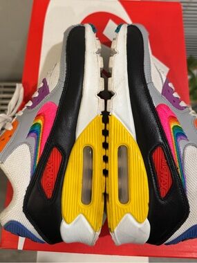 Nike Kids Air Max Sneakers in White with Rainbow Swoosh and Yellow Accents